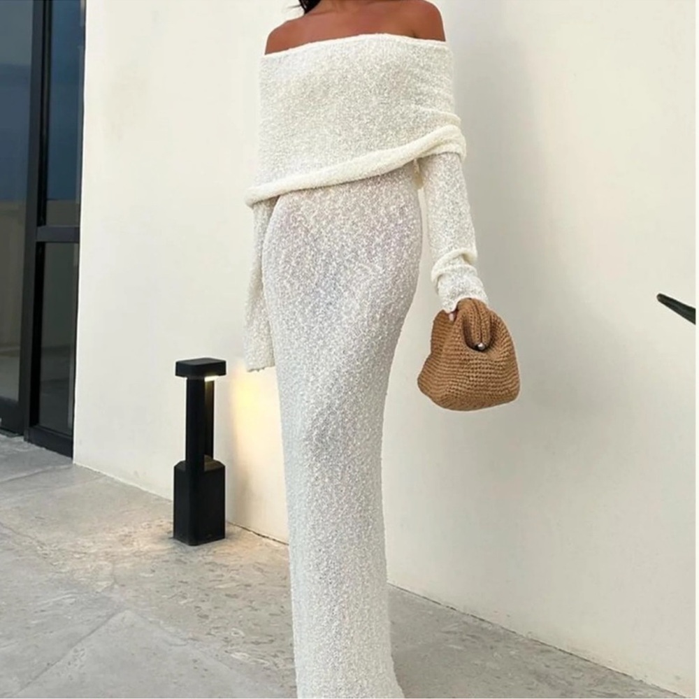 MESHKI Marisol Off Shoulder Boucle Maxi Dress - Ivory M